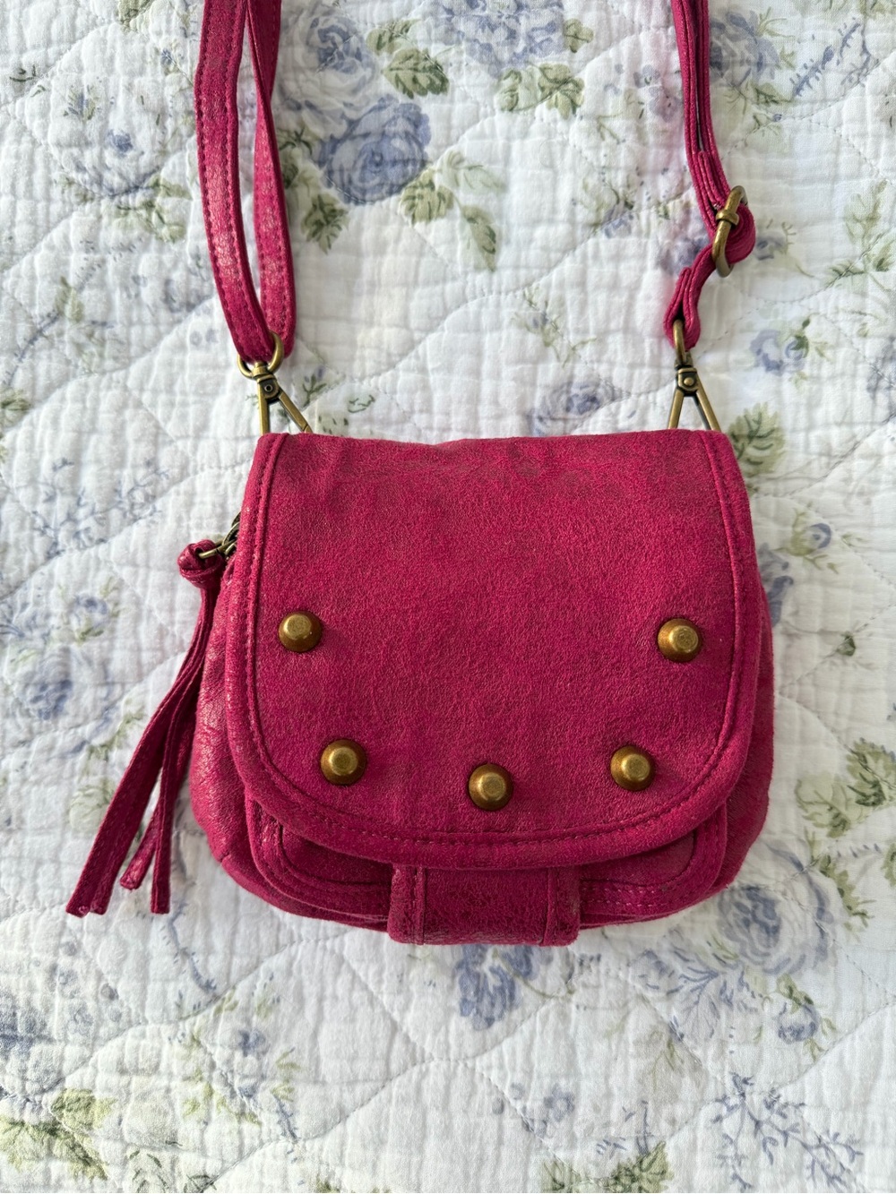Women's Fuchsia Studded Crossbody Bag - Adjustable Strap
